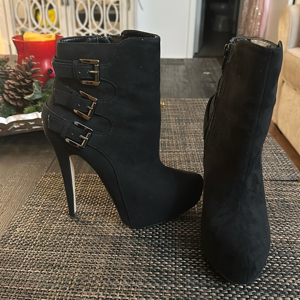 Black Suede Platform Booties with Buckle